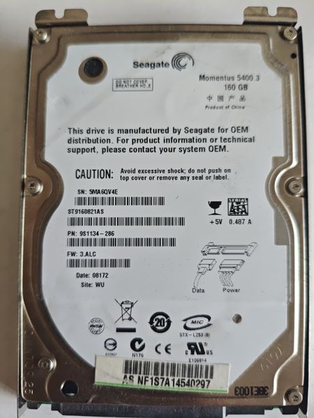 Fotografia dador Seagate ST9160821AS SN 5MA6QV4E