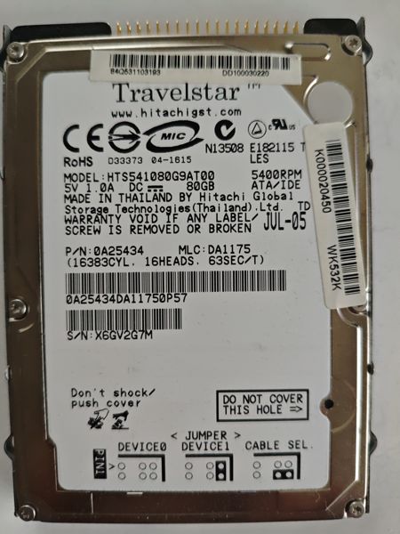 Fotografia dador Hitachi HTS541080G9AT00 SN X6GV2G7M