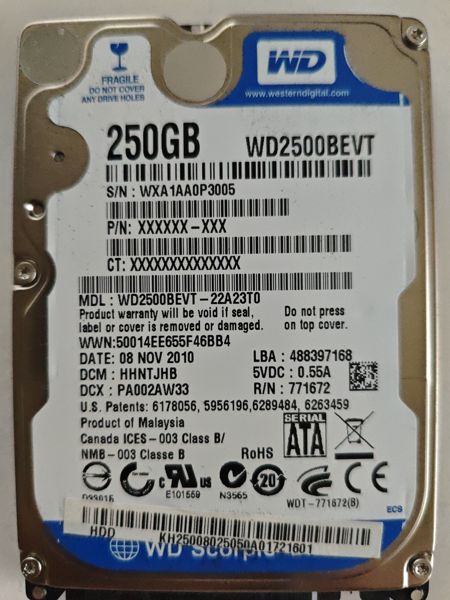 Western Digital WD2500BEVT-22A23T0 S/N WXA1AA0P3005