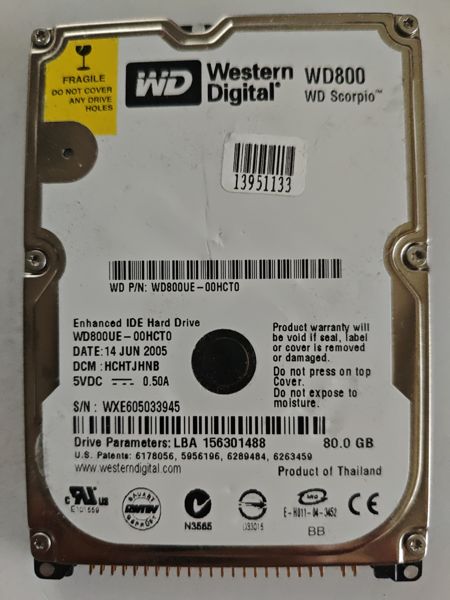 Western Digital WD800UE-00HCT0 S/N WXE605033945