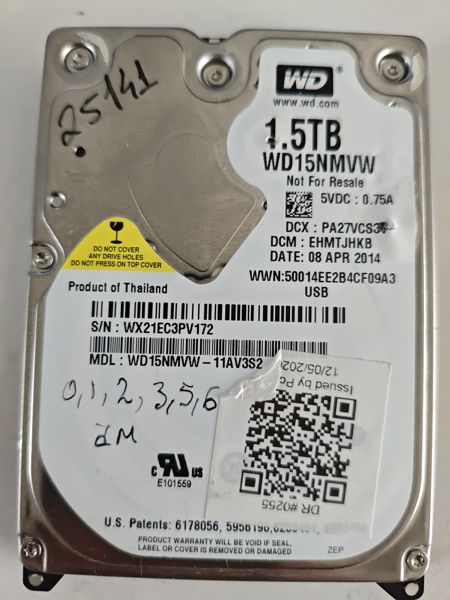 Fotografia dador Western Digital WD15NMVW-11AV3S2 SN WX21EC3PV172