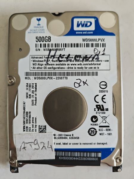Fotografia dador Western Digital WD5000LPVX-22V0TT0 SN WXB1A64H8AYT