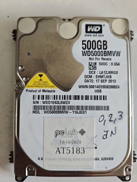 Fotografia dador Western Digital WD5000BMVW-11AJGS1 SN WXD1E63LSWZ4