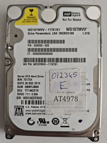 Fotografia dador Western Digital WD10TMVV-11TK7S1 SN WX41AC0T8042